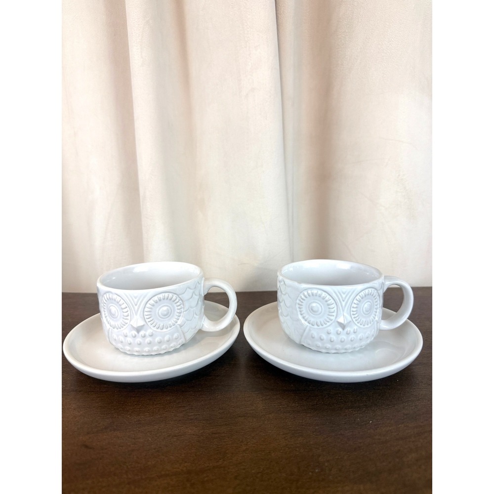 West Elm PAIR (2) White Embossed Ceramic Owl Mugs and Saucers RARE